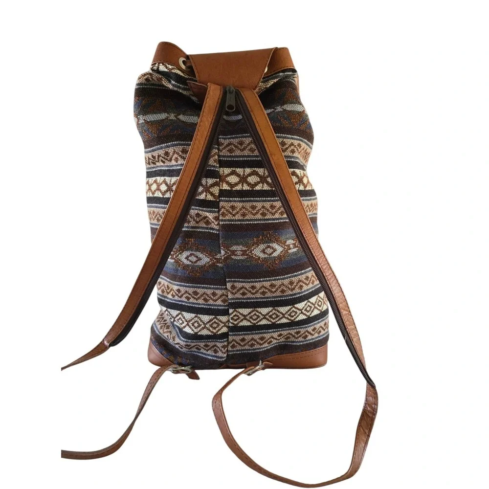 Womens Backpack Aztec Canvas Suede Leather‎ Flap Over Buckle Adjustable Brown